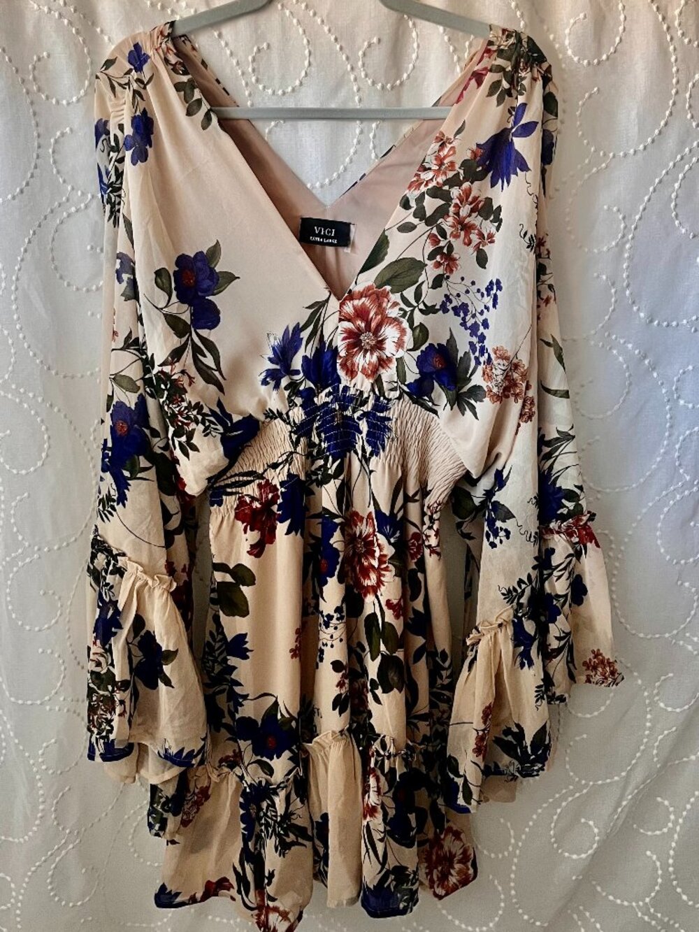 Vici Floral Smocked Waist, Bell Sleeves,Mini Dress XL